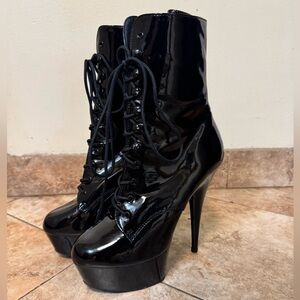 Pleaser Shiny Black Lace-Up Platform Boots